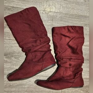 Arizona Jeans Suede Feel Burgundy Mid Calf Flat Slouch Boots 8.5 8 1/2